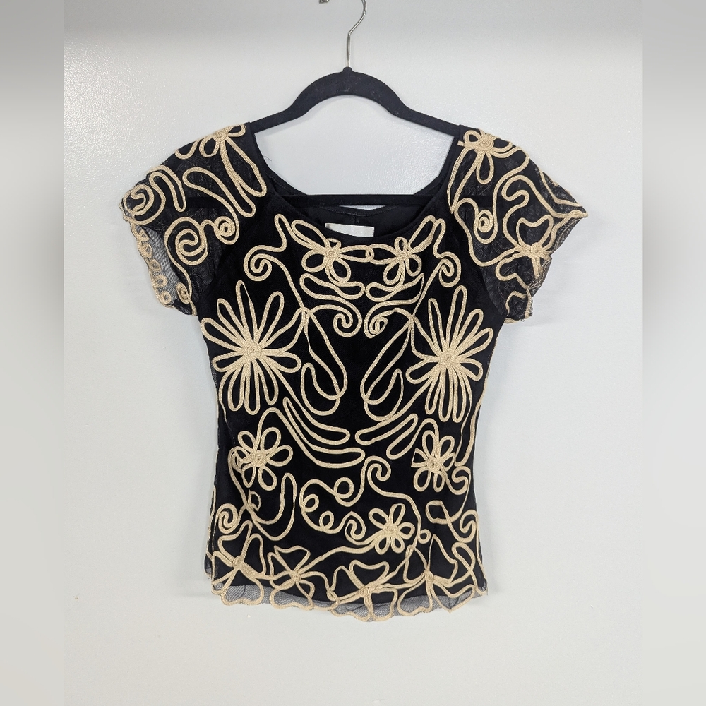 Zoé Vintage Elegant Black and Cream Embroidered Top Shirt Size Small
